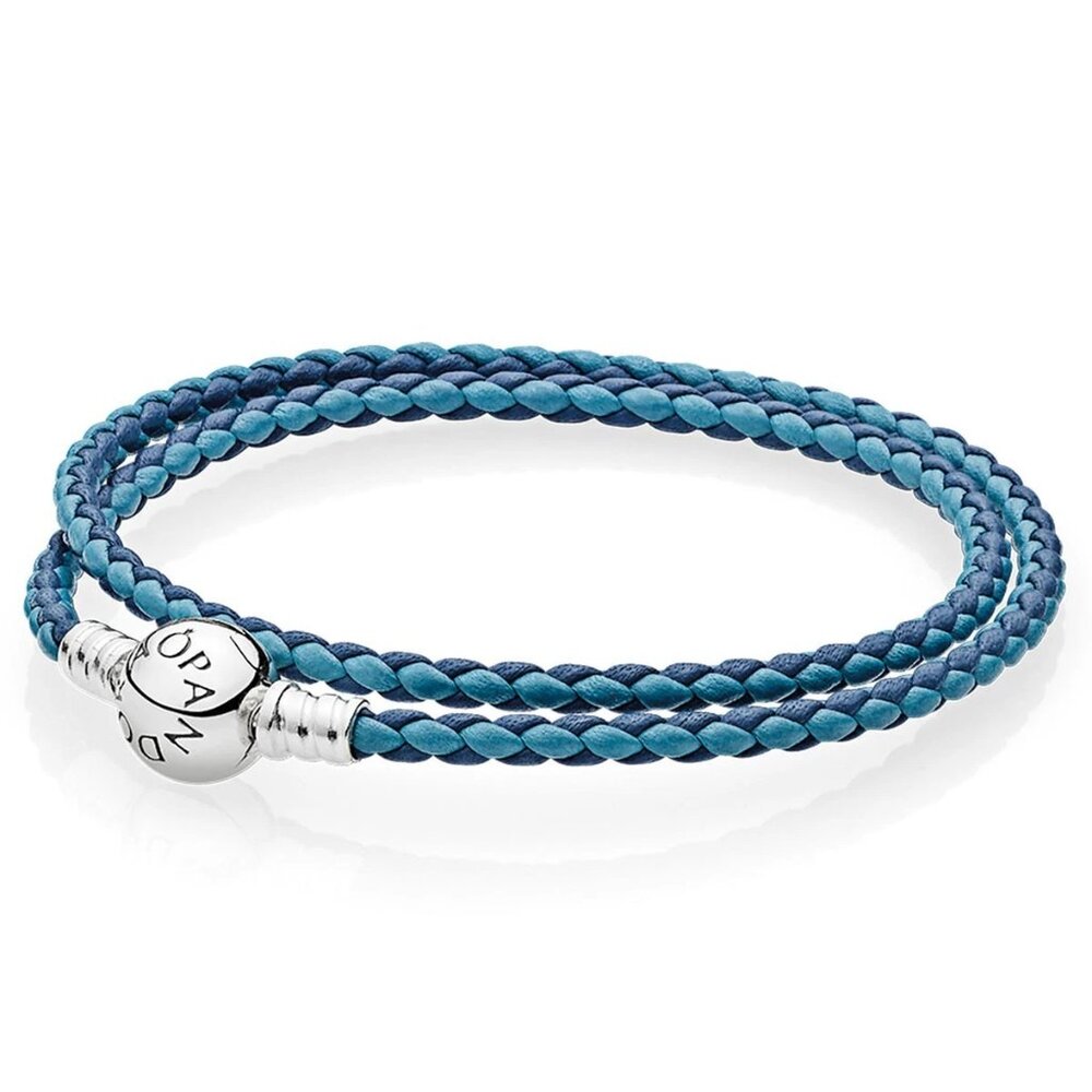 NWOT Pandora 925 Woven Mixed Blue Leather Bracelet 15" 590747CBMX